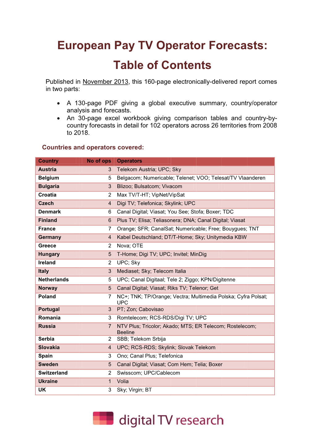 European Pay TV Operator Forecasts: Table of Contents