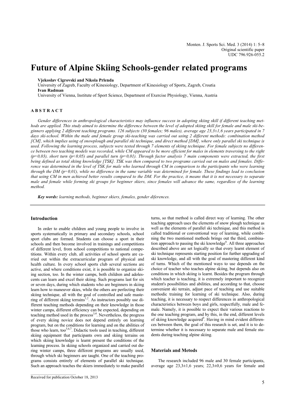 Future of Alpine Skiing Schools-Gender Related Programs