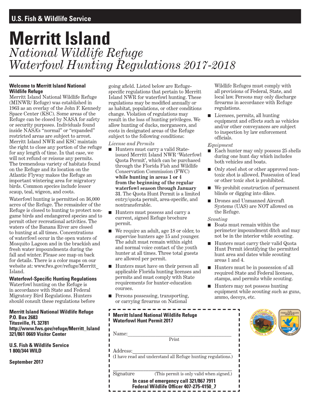 Merritt Island NWR Waterfowl Hunting Regulations 2017-2018