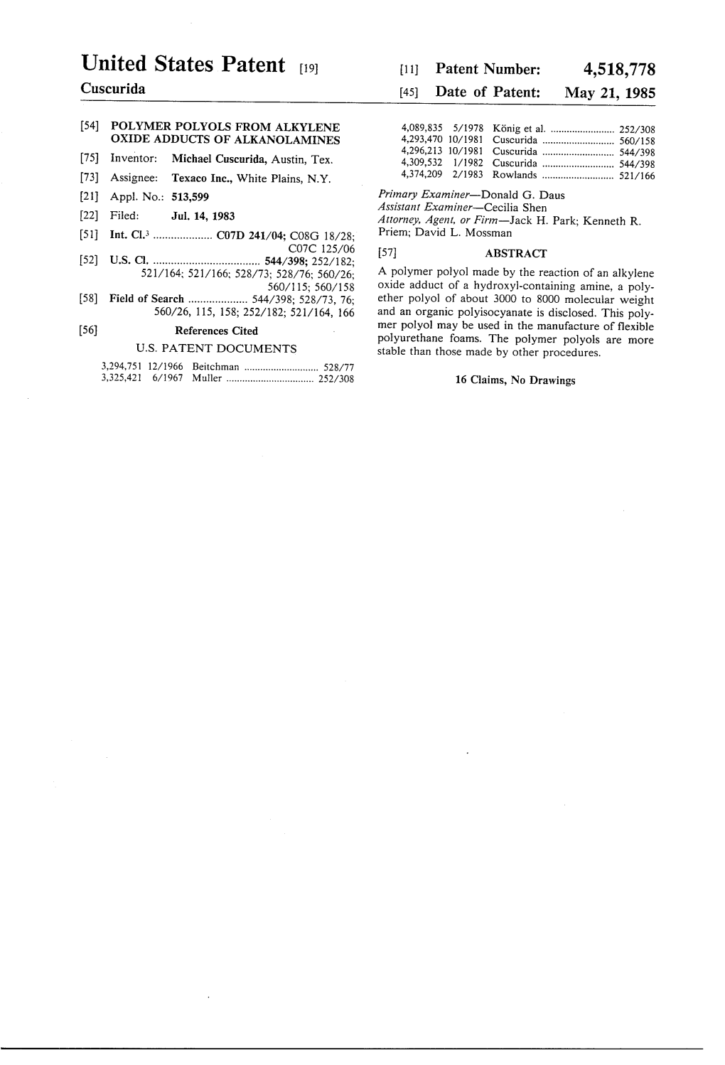 United States Patent [19] [11] Patent Number: 4,518,778 Cuscurida [45] Date of Patent: May 21, 1985