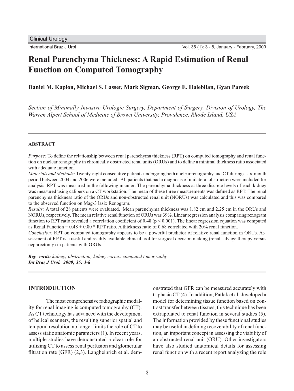 Renal Parenchyma Thickness on CT International Braz J Urol Vol