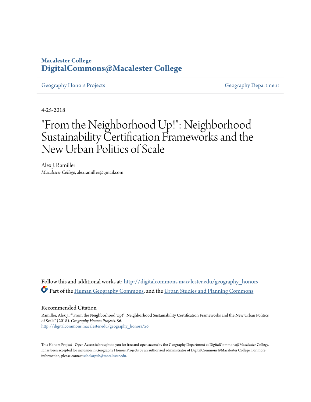 Neighborhood Sustainability Certification Frameworks and the New Urban Politics of Scale Alex J