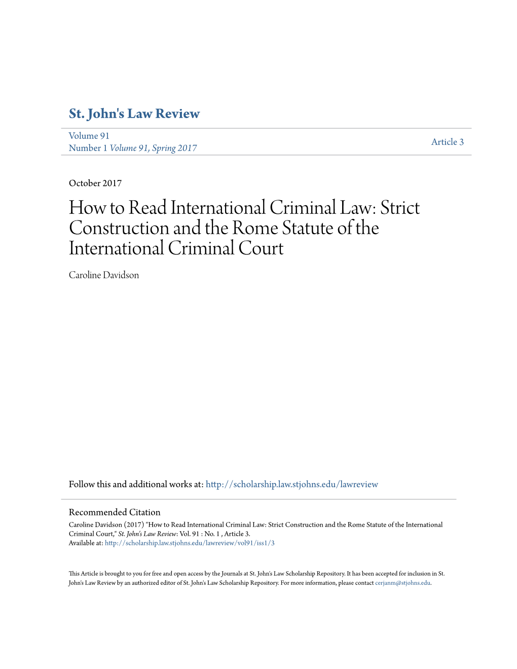 Strict Construction and the Rome Statute of the International Criminal Court Caroline Davidson