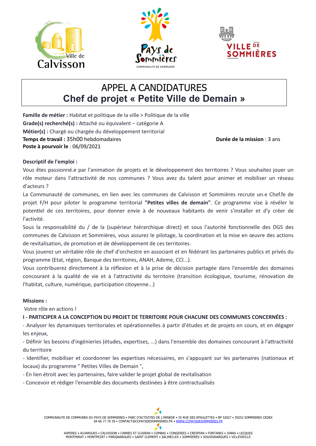 Appel Candidature Chef De Projet « Petite Ville De Demain