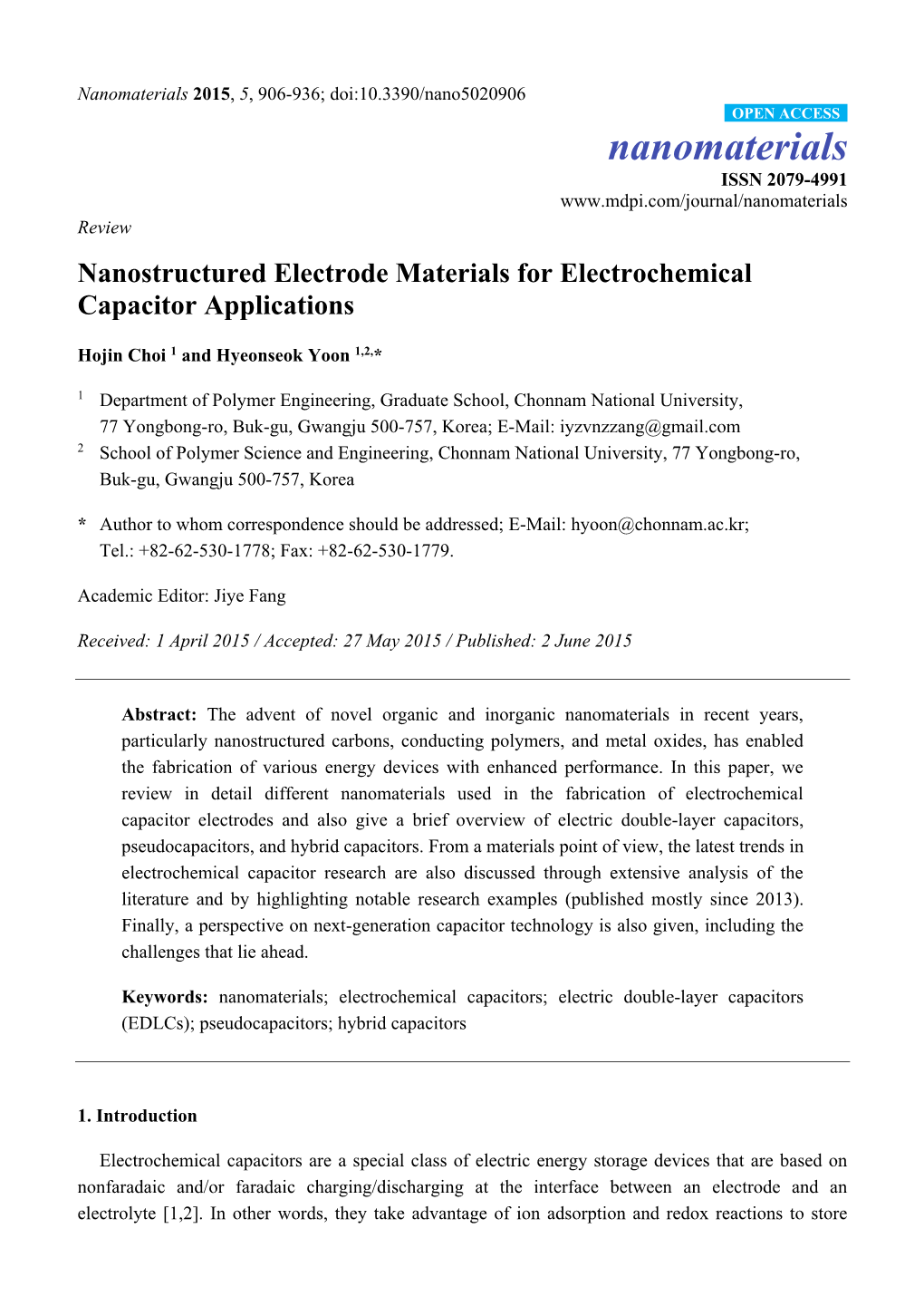Nanostructured Electrode Materials for Electrochemical Capacitor Applications