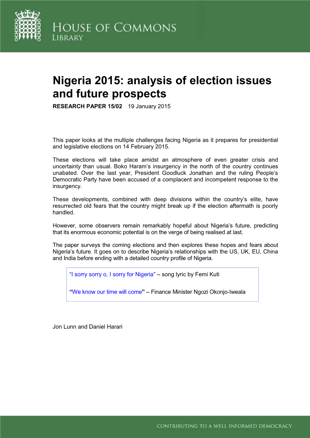 Nigeria 2015: Analysis of Election Issues and Future Prospects RESEARCH PAPER 15/02 19 January 2015