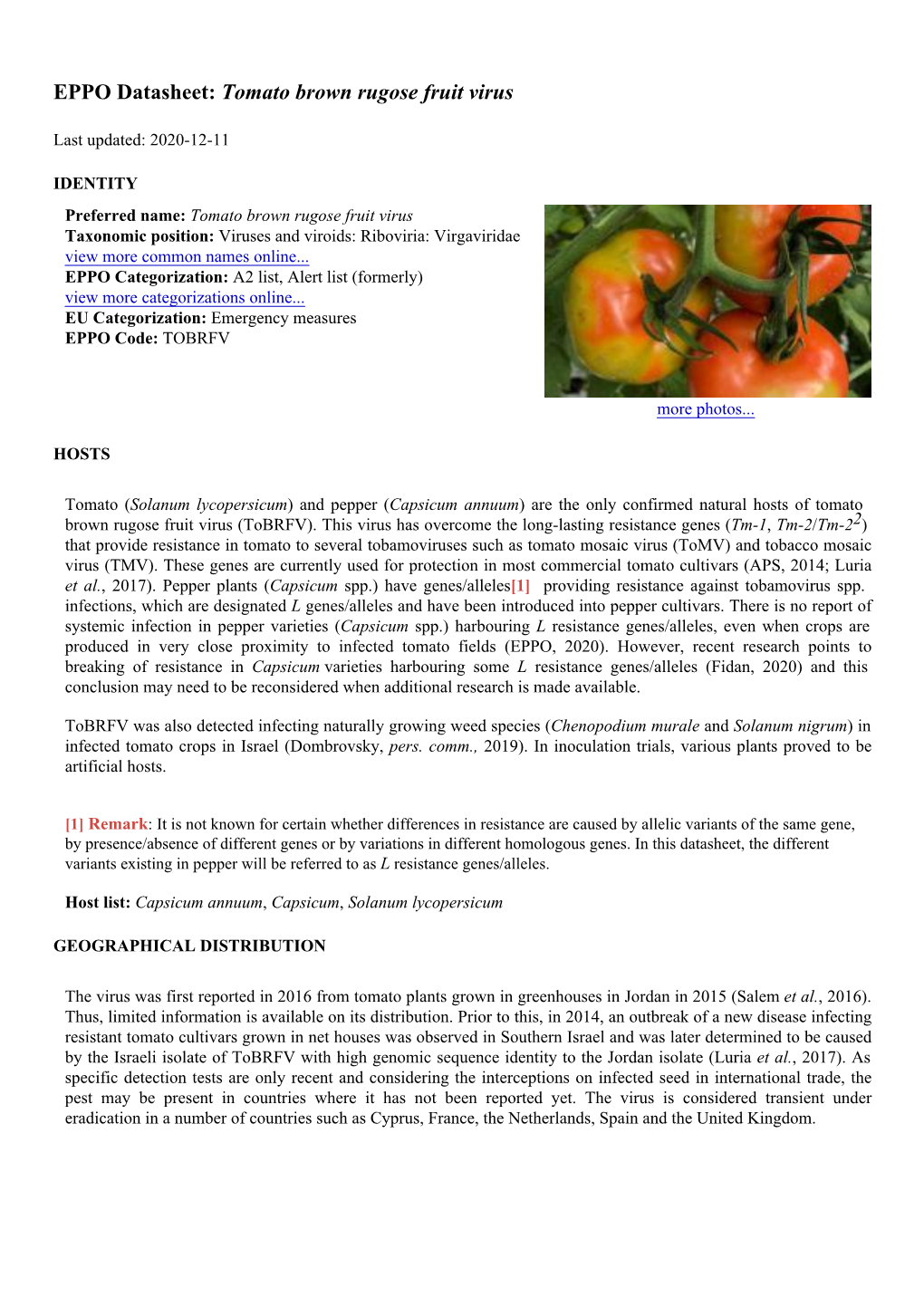 EPPO Datasheet: Tomato Brown Rugose Fruit Virus