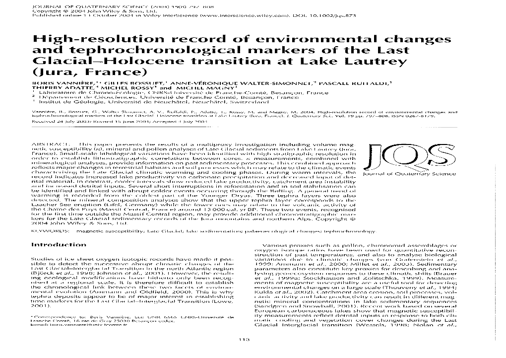 High-Resolution Record of Environmental Changes and Tephrochronological Markers of the Last Glacial-Holocene Transition at Lake Lautrey (Jura, France)