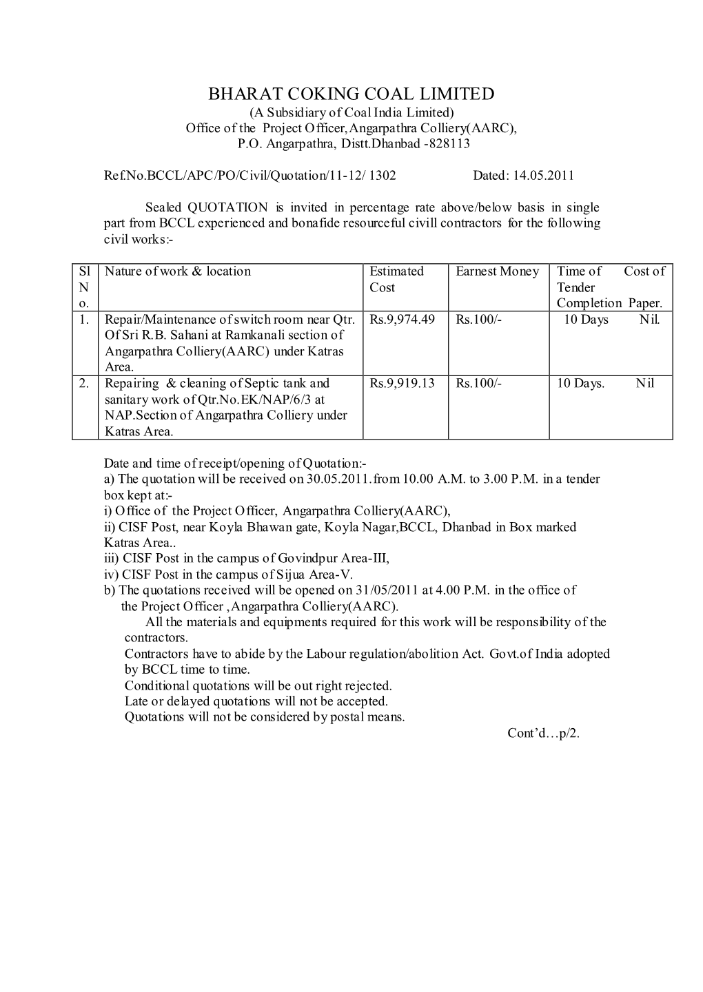 BHARAT COKING COAL LIMITED (A Subsidiary of Coal India Limited) Office of the Project Officer,Angarpathra Colliery(AARC), P.O