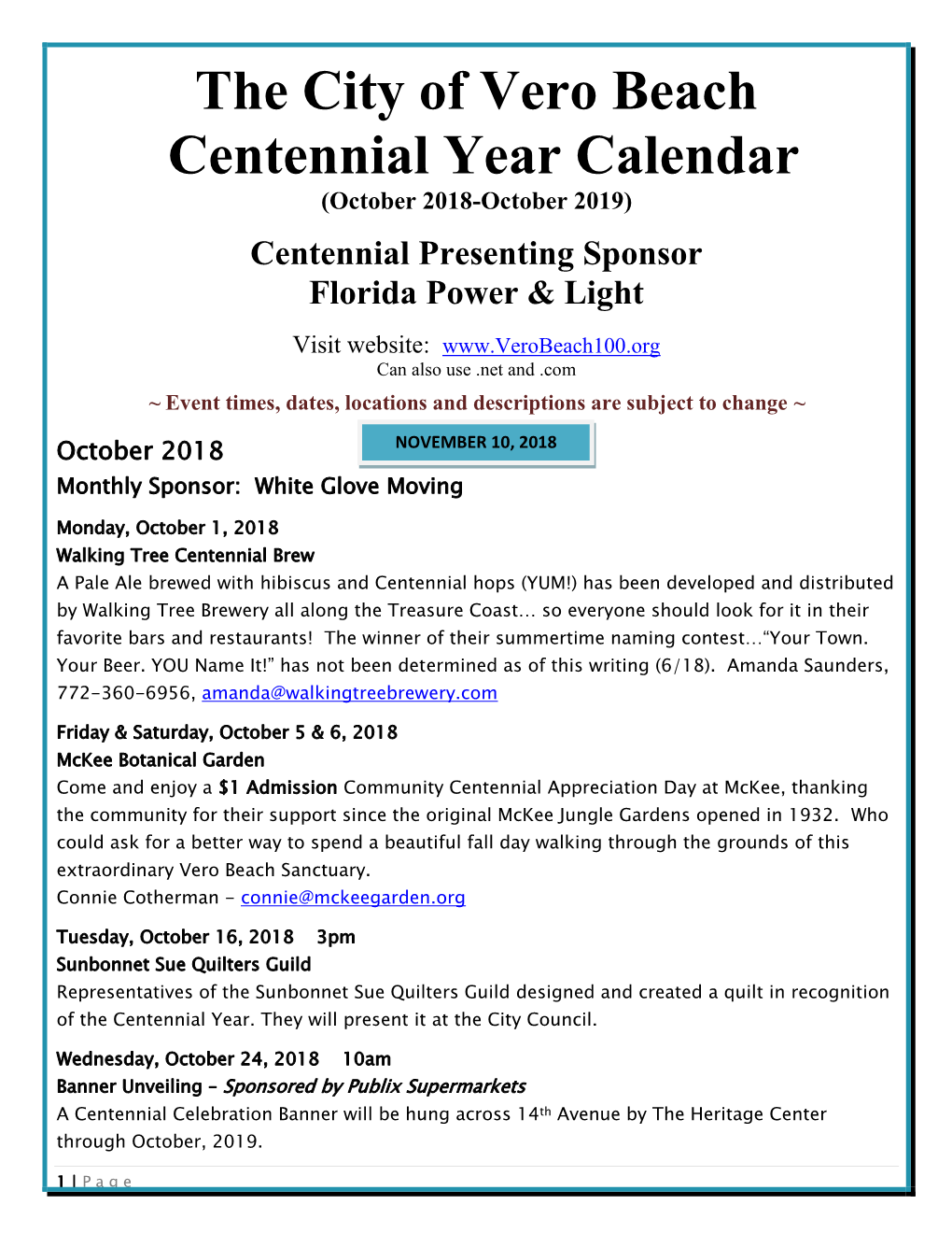 The City of Vero Beach Centennial Year Calendar (October 2018-October 2019)