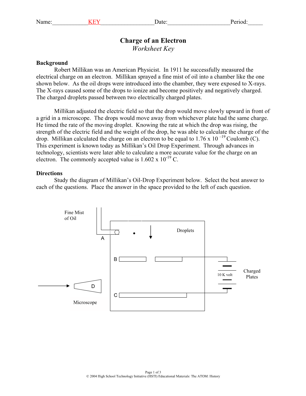 Charge of an Electron Worksheet Key