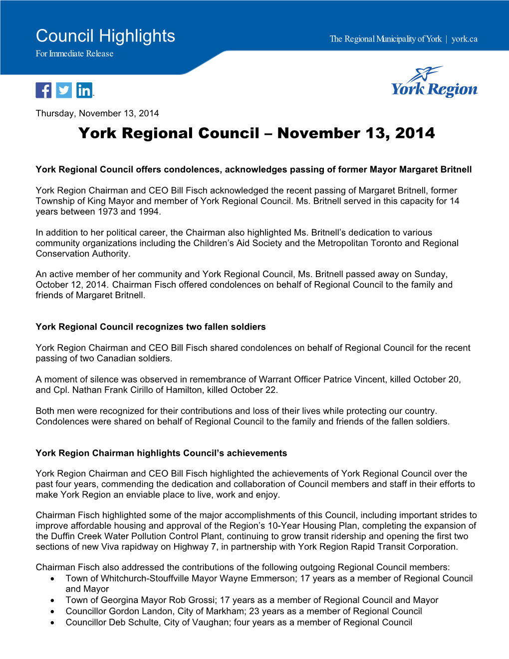 Council Highlights the Regional Municipality of York | York.Ca for Immediate Release
