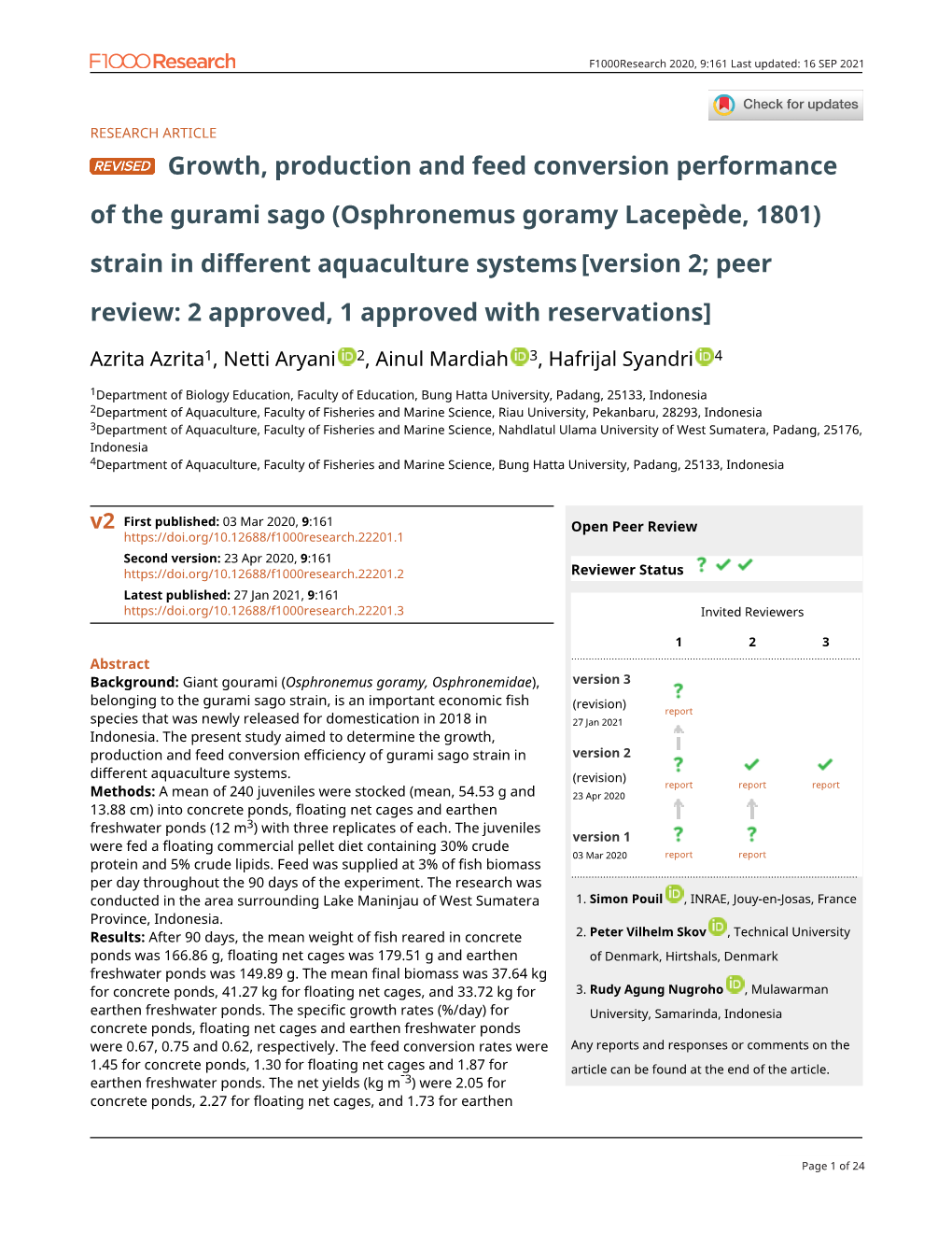 Growth, Production and Feed Conversion Performance of the Gurami Sago (Osphronemus Goramy Lacepède, 1801) Strain in Different A