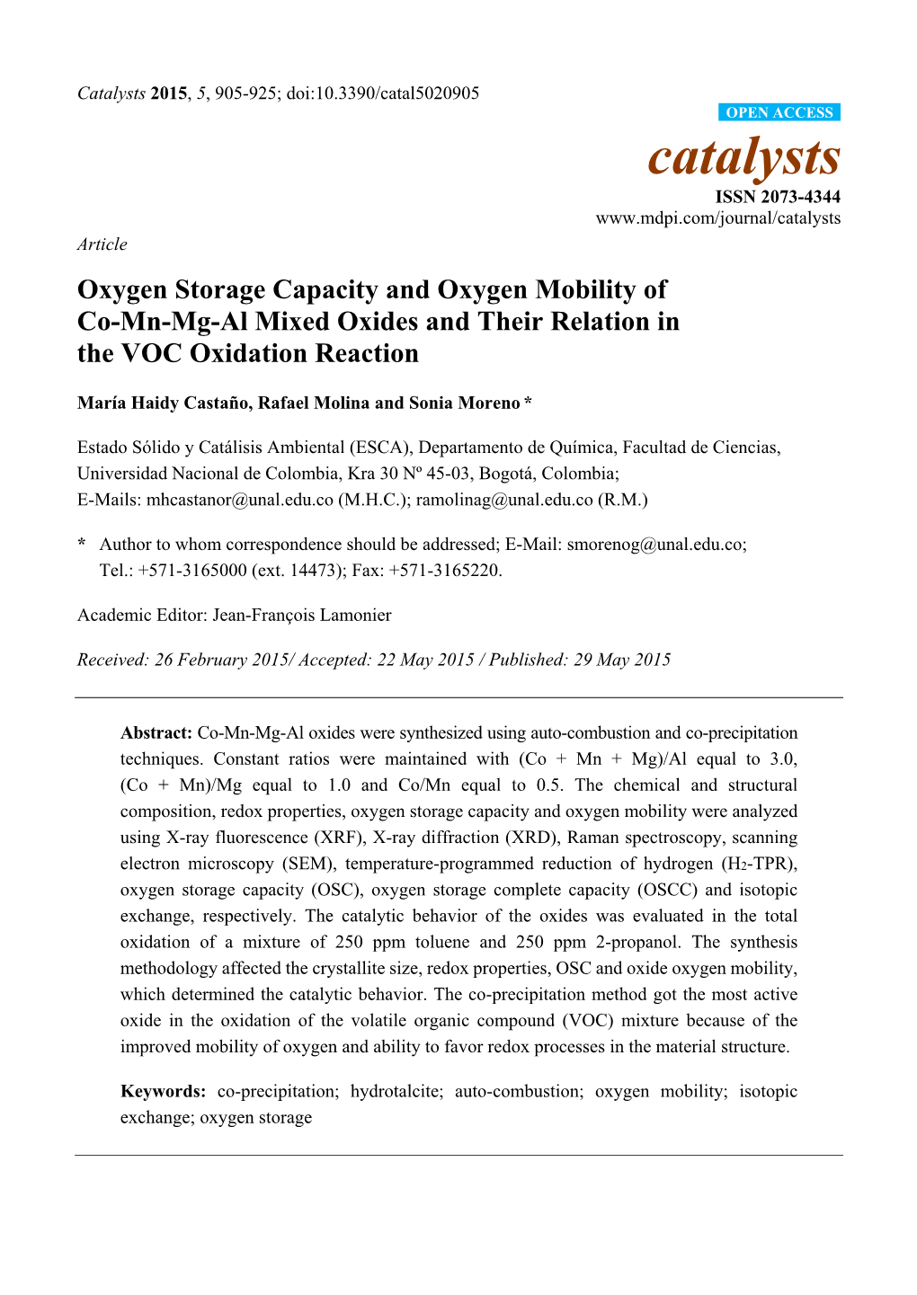 Oxygen Storage Capacity and Oxygen Mobility of Co-Mn-Mg-Al Mixed Oxides and Their Relation in the VOC Oxidation Reaction