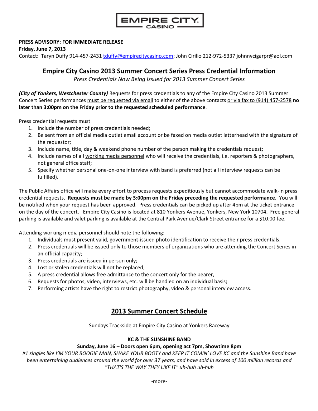 Empire City Casino 2013 Summer Concert Series Press Credential Information Press Credentials Now Being Issued for 2013 Summer Concert Series