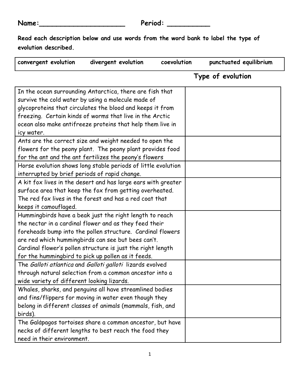 Read Each Description Below and Use Words from the Word Bank to Label the Type of Evolution