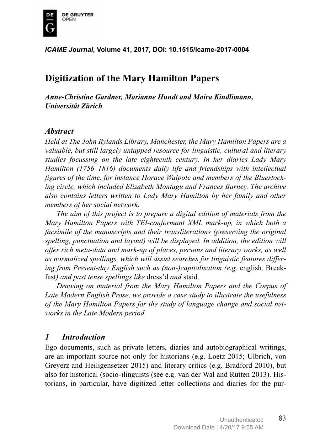 Digitization of the Mary Hamilton Papers