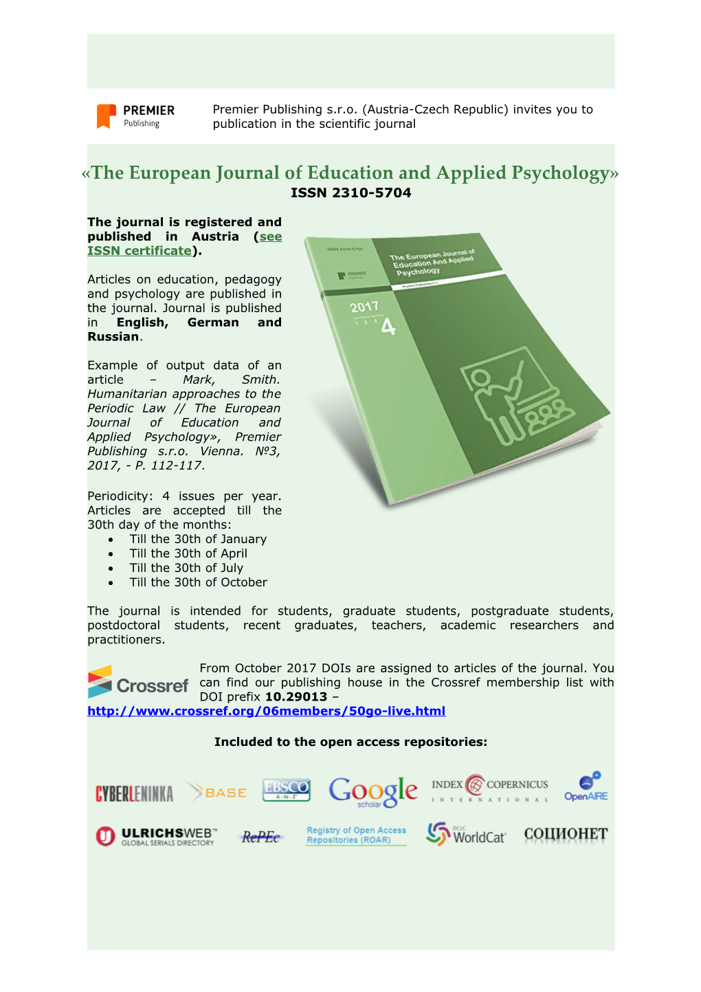 The European Journal of Education and Applied Psychology