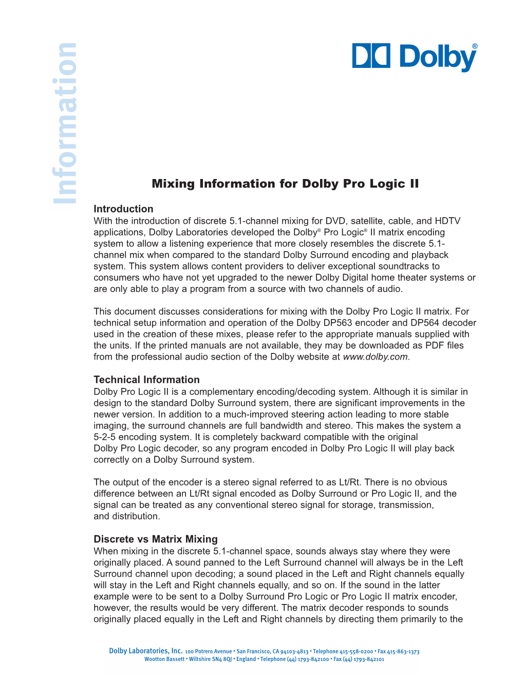 Mixing Information for Dolby Pro Logic II