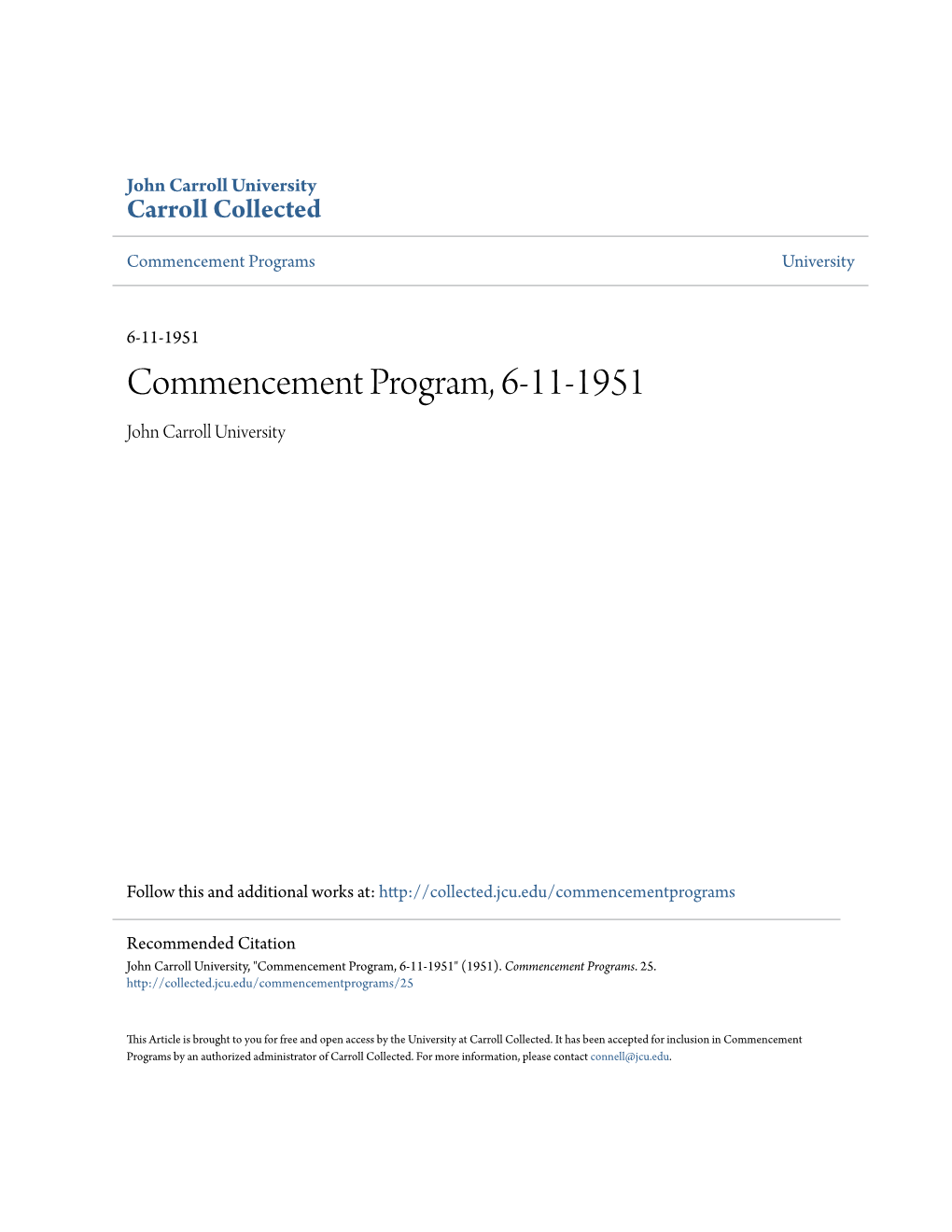Commencement Program, 6-11-1951 John Carroll University