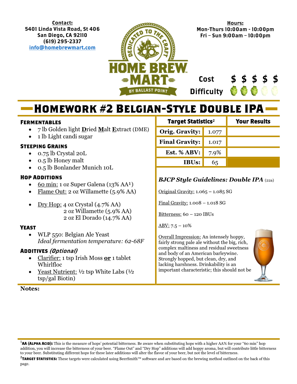 Homework #2 Belgian-Style Double IPA Fermentables Target Statistics² Your Results • 7 Lb Golden Light Dried Malt Extract (DME) Orig