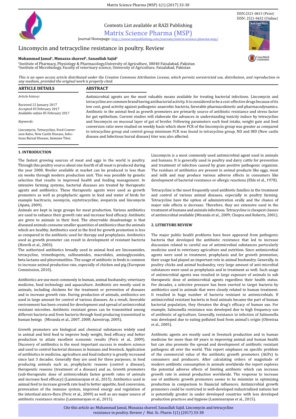 Lincomycin and Tetracycline Resistance in Poultry. Review