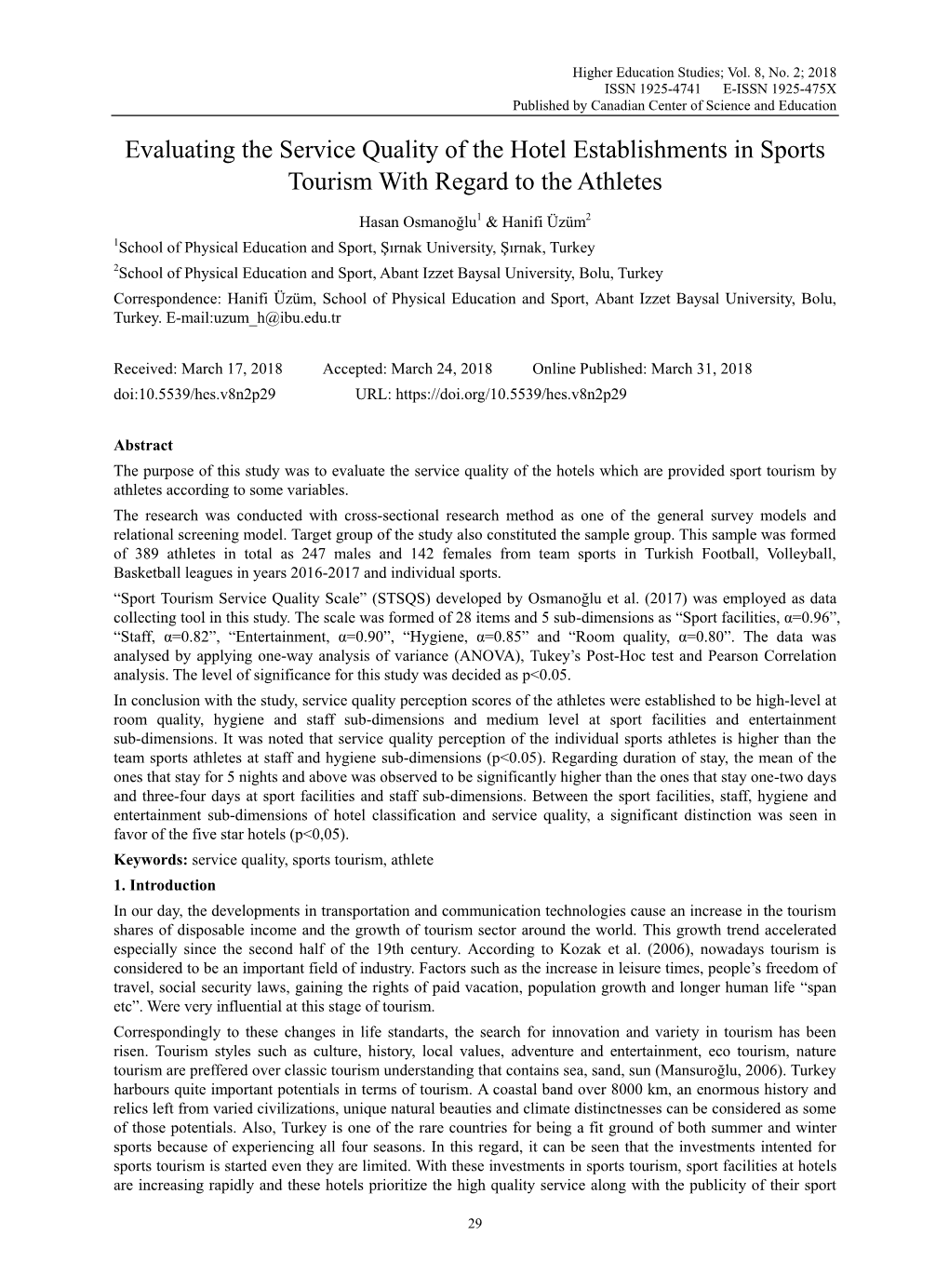 Evaluating the Service Quality of the Hotel Establishments in Sports Tourism with Regard to the Athletes