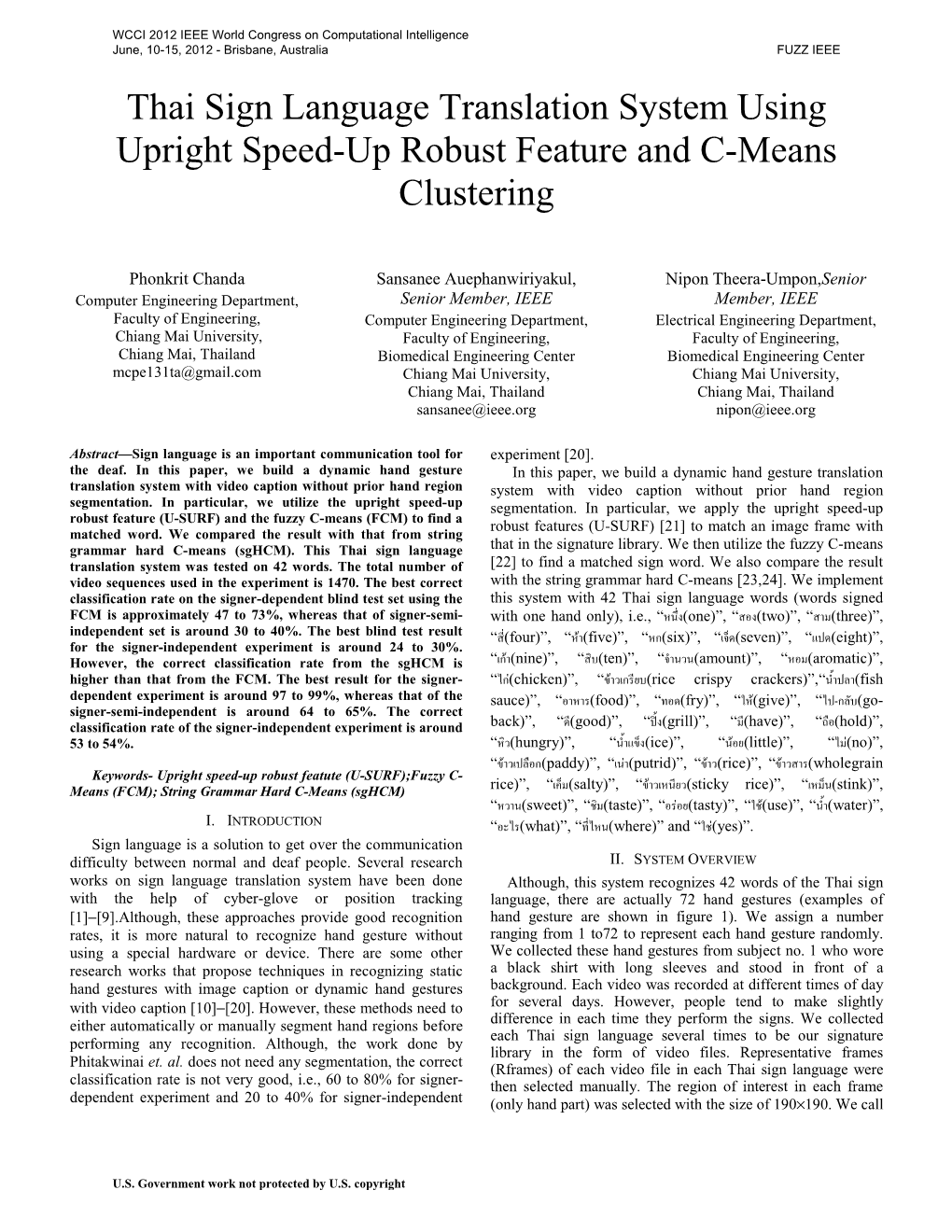 Thai Sign Language Translation System Using Upright Speed-Up Robust Feature and C-Means Clustering