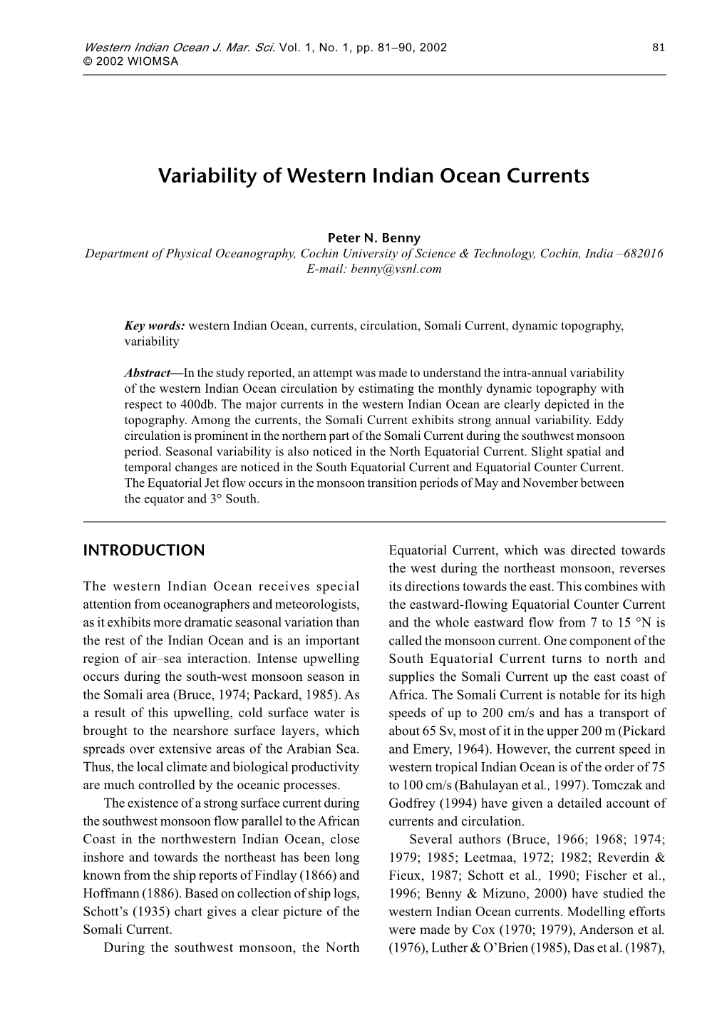 Variability of Western Indian Ocean Currents 83