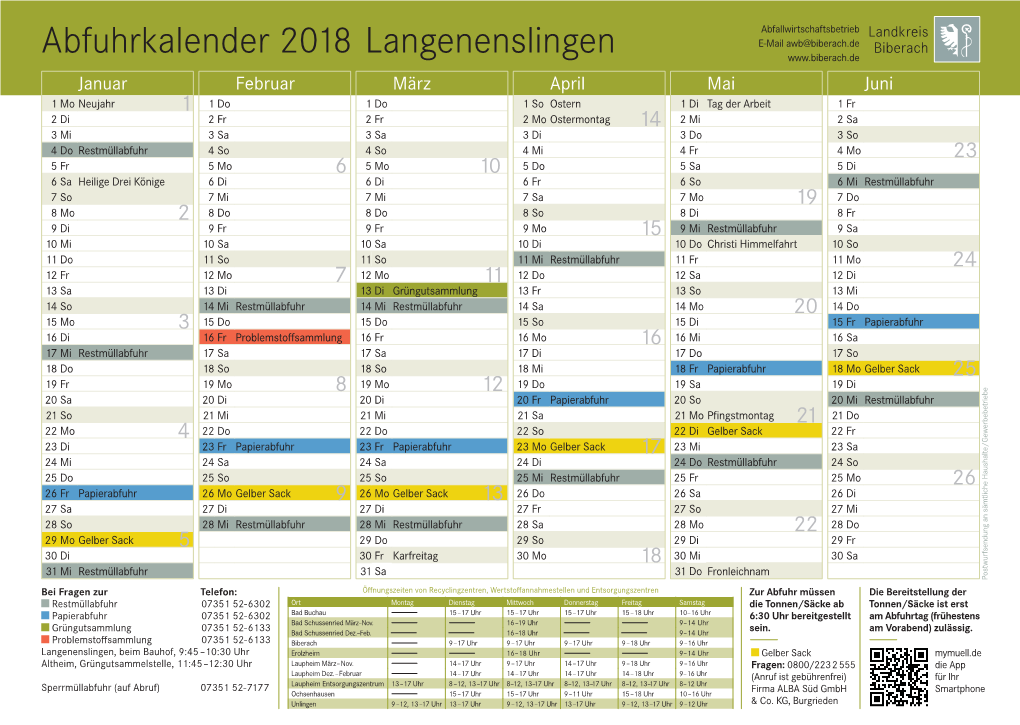 Abfuhrkalender 2018 Langenenslingen