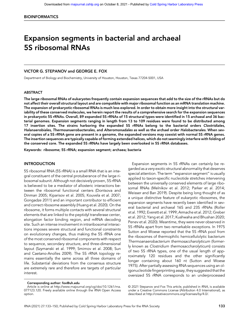 Expansion Segments in Bacterial and Archaeal 5S Ribosomal Rnas