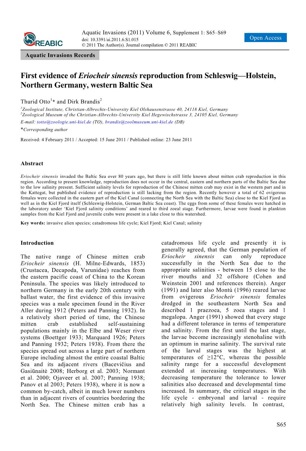 First Evidence of Eriocheir Sinensis Reproduction from Schleswig—Holstein, Northern Germany, Western Baltic Sea