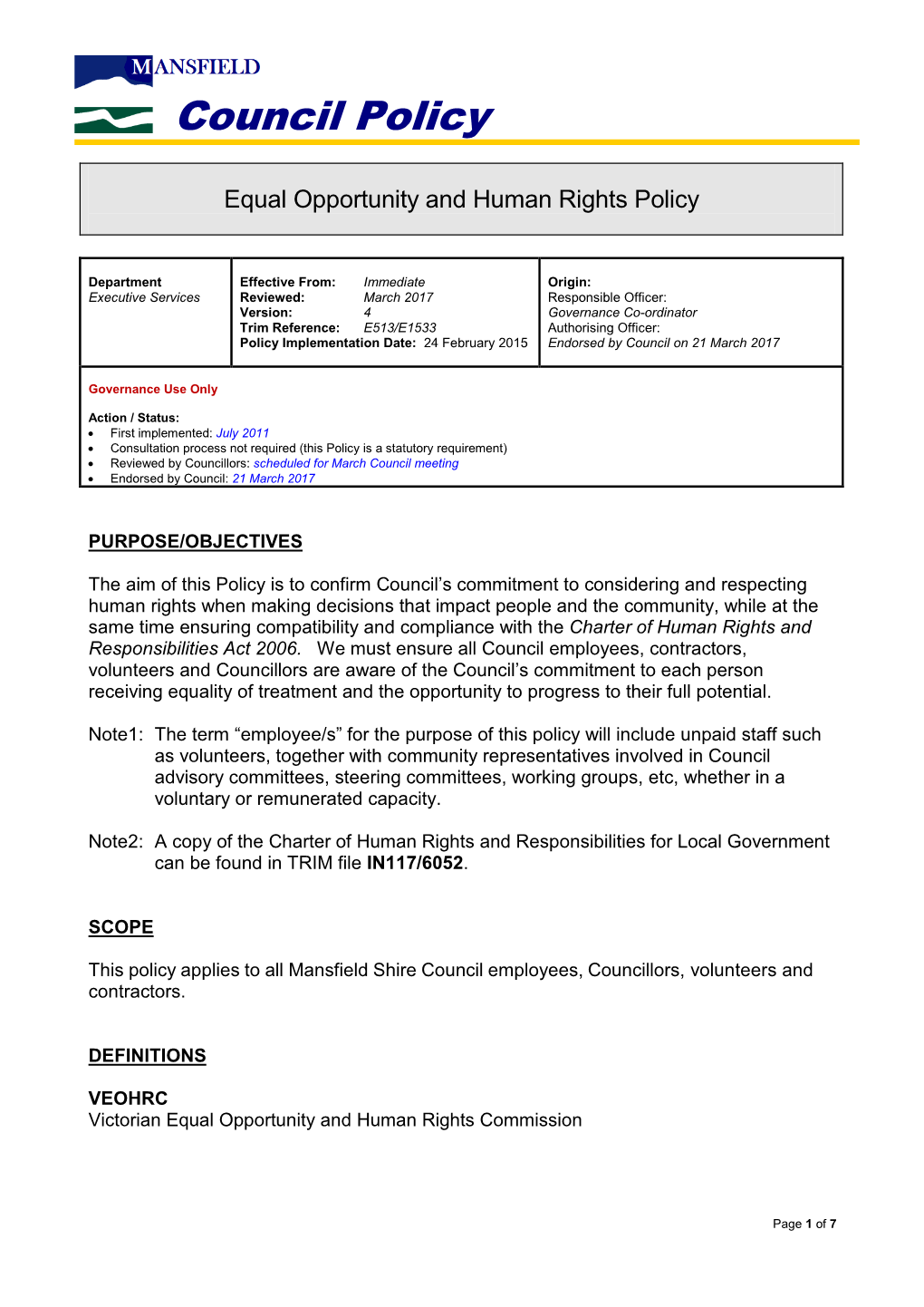 Equal Opportunity and Human Rights Policy