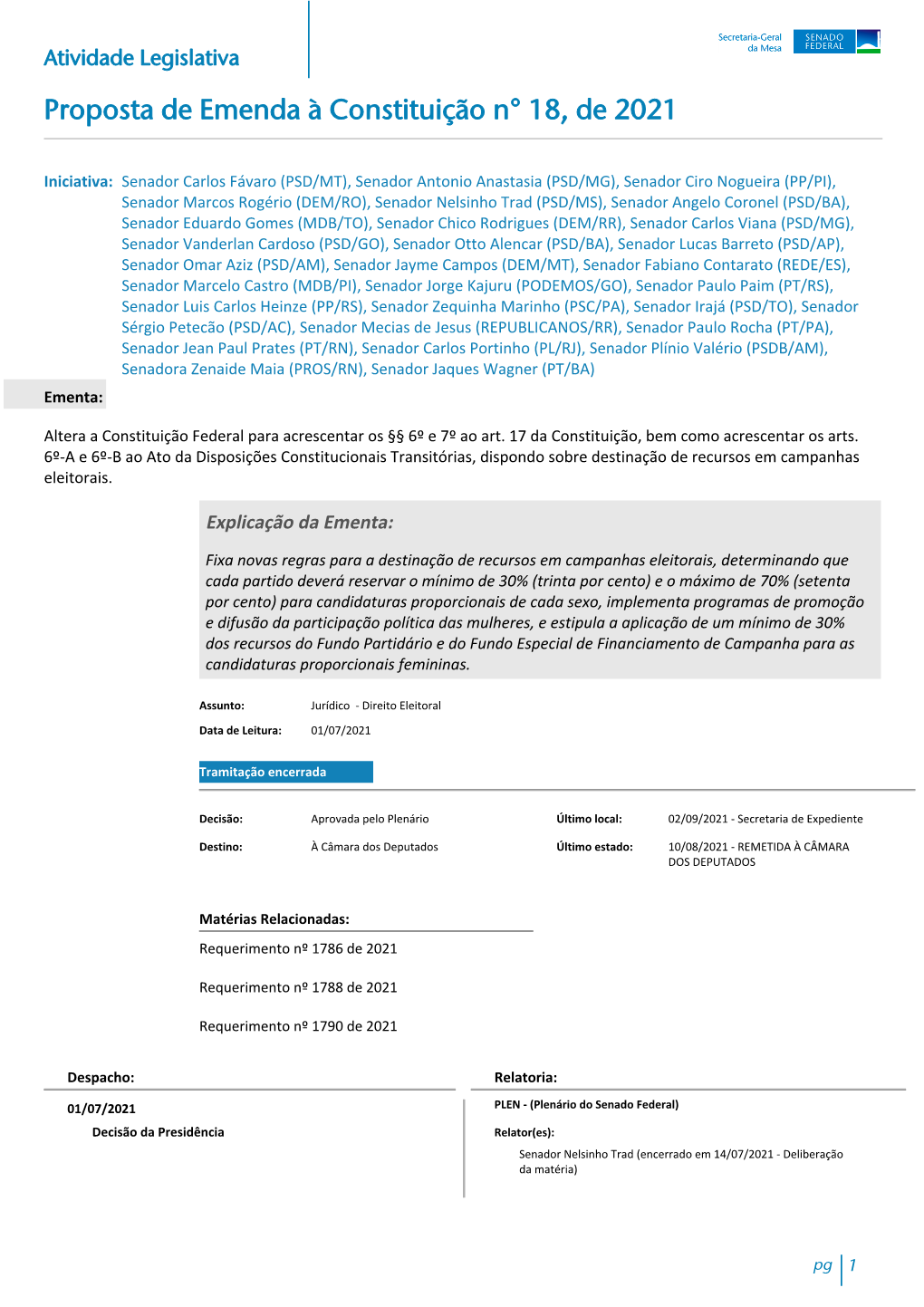 Atividade Legislativa Proposta De Emenda À Constituição N° 18, De 2021