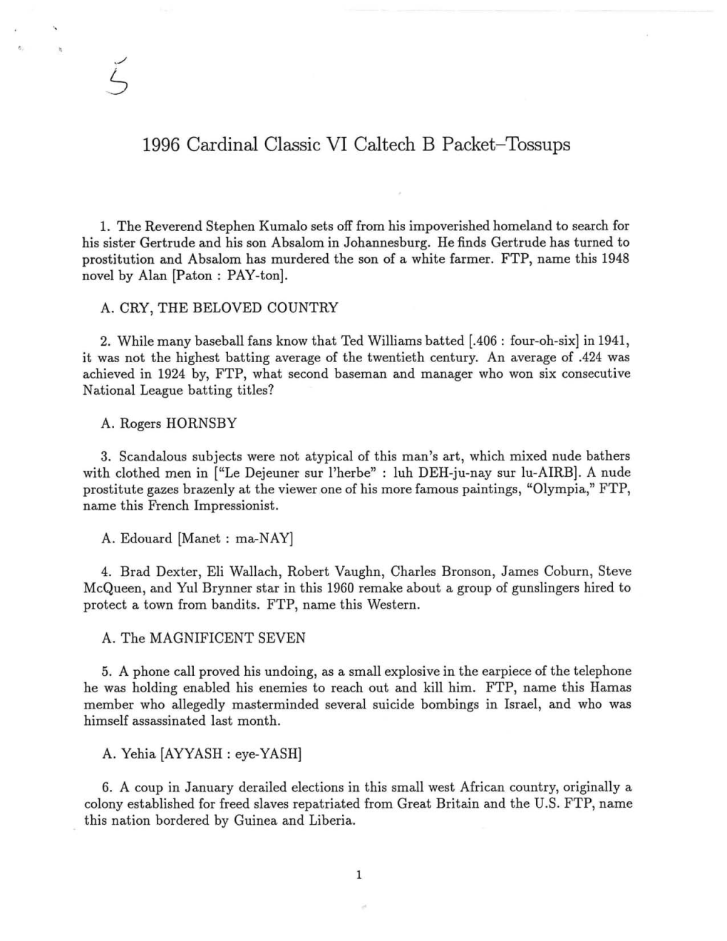 1996 Cardinal Classic VI Caltech B Packet-Tossups