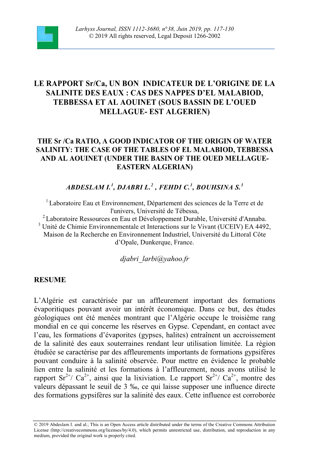 LE RAPPORT Sr/Ca, UN BON INDICATEUR DE L'origine DE LA