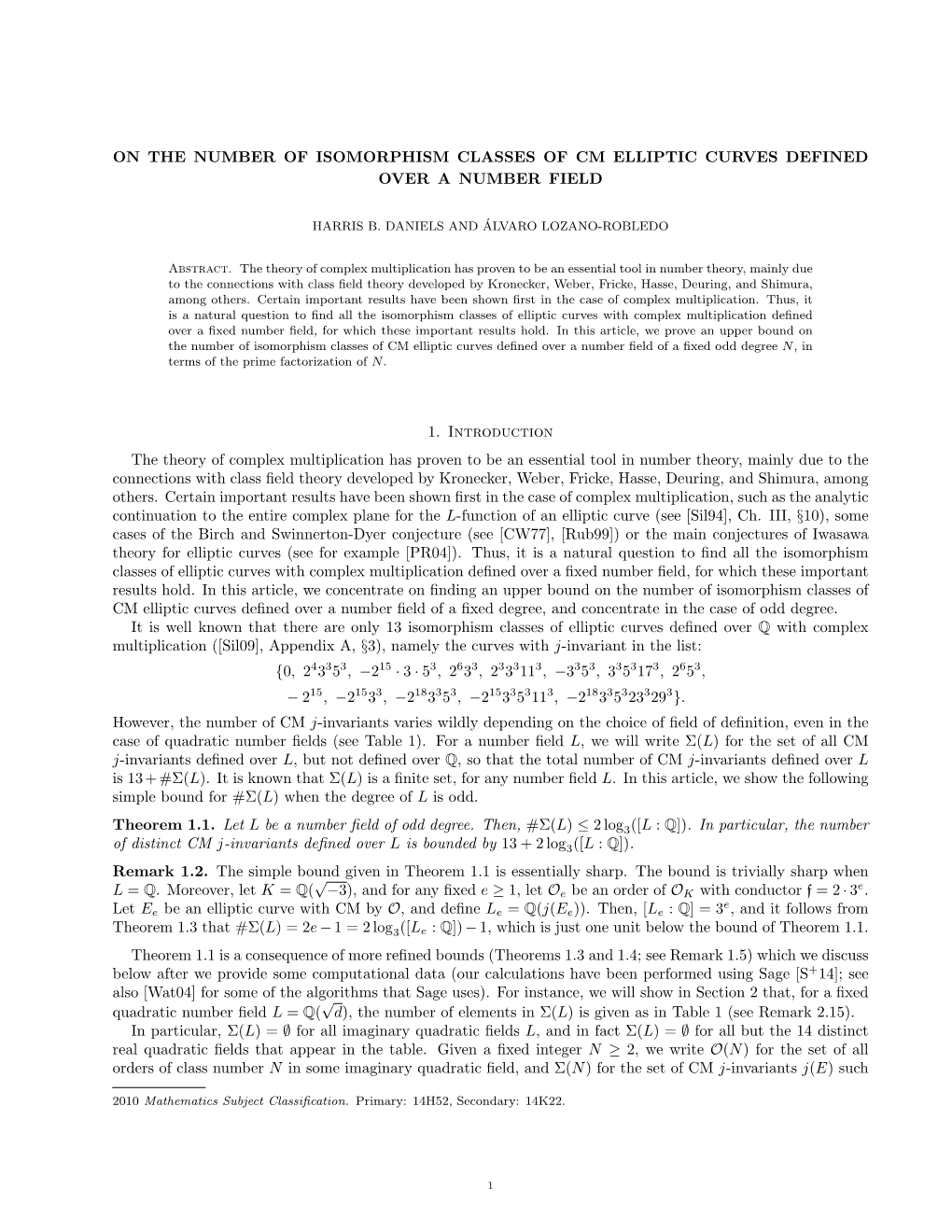 On the Number of Isomorphism Classes of Cm Elliptic Curves Defined Over a Number Field