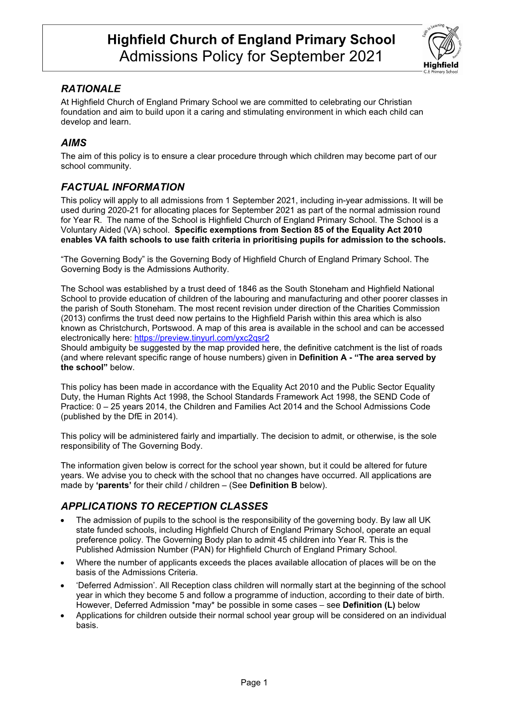 Highfield Church of England Primary School Admissions Policy for September 2021