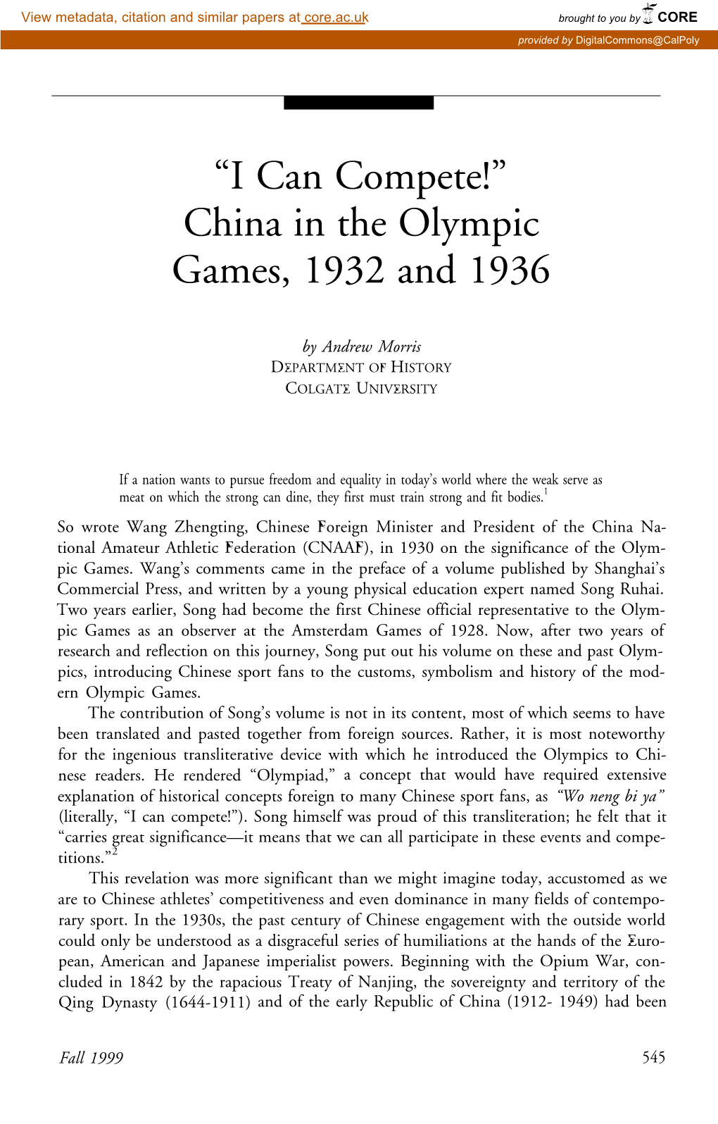 Â•Œi Can Compete!Â•Š China in the Olympic Games, 1932 and 1936