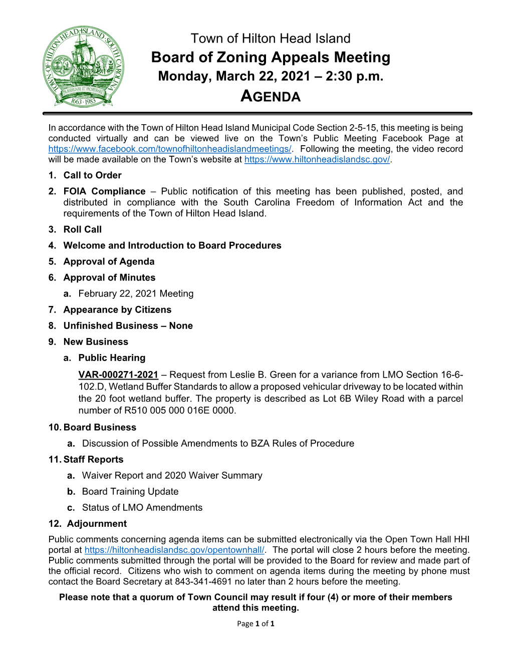 Board of Zoning Appeals Meeting Monday, March 22, 2021 – 2:30 P.M