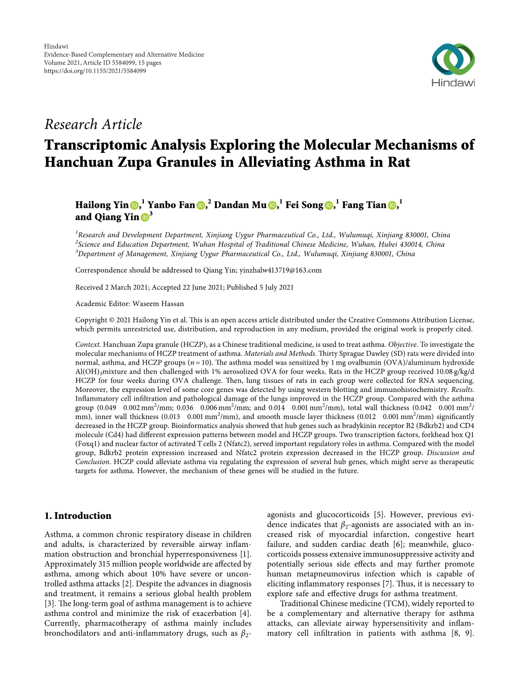 Transcriptomic Analysis Exploring the Molecular Mechanisms of Hanchuan Zupa Granules in Alleviating Asthma in Rat