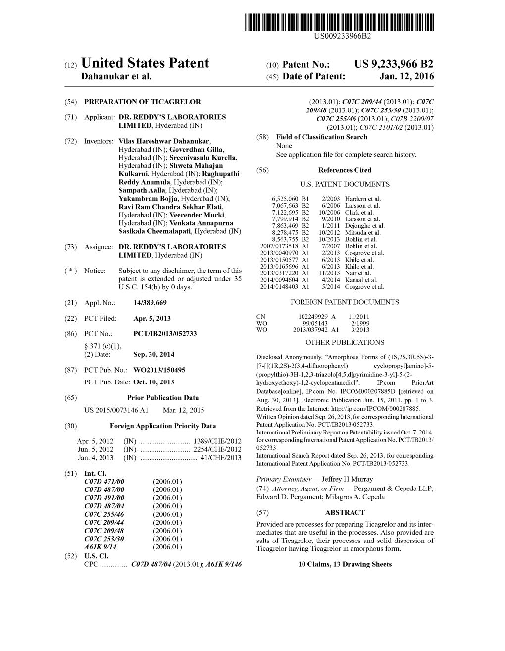 (12) United States Patent (10) Patent No.: US 9.233,966 B2 Dahanukar Et Al