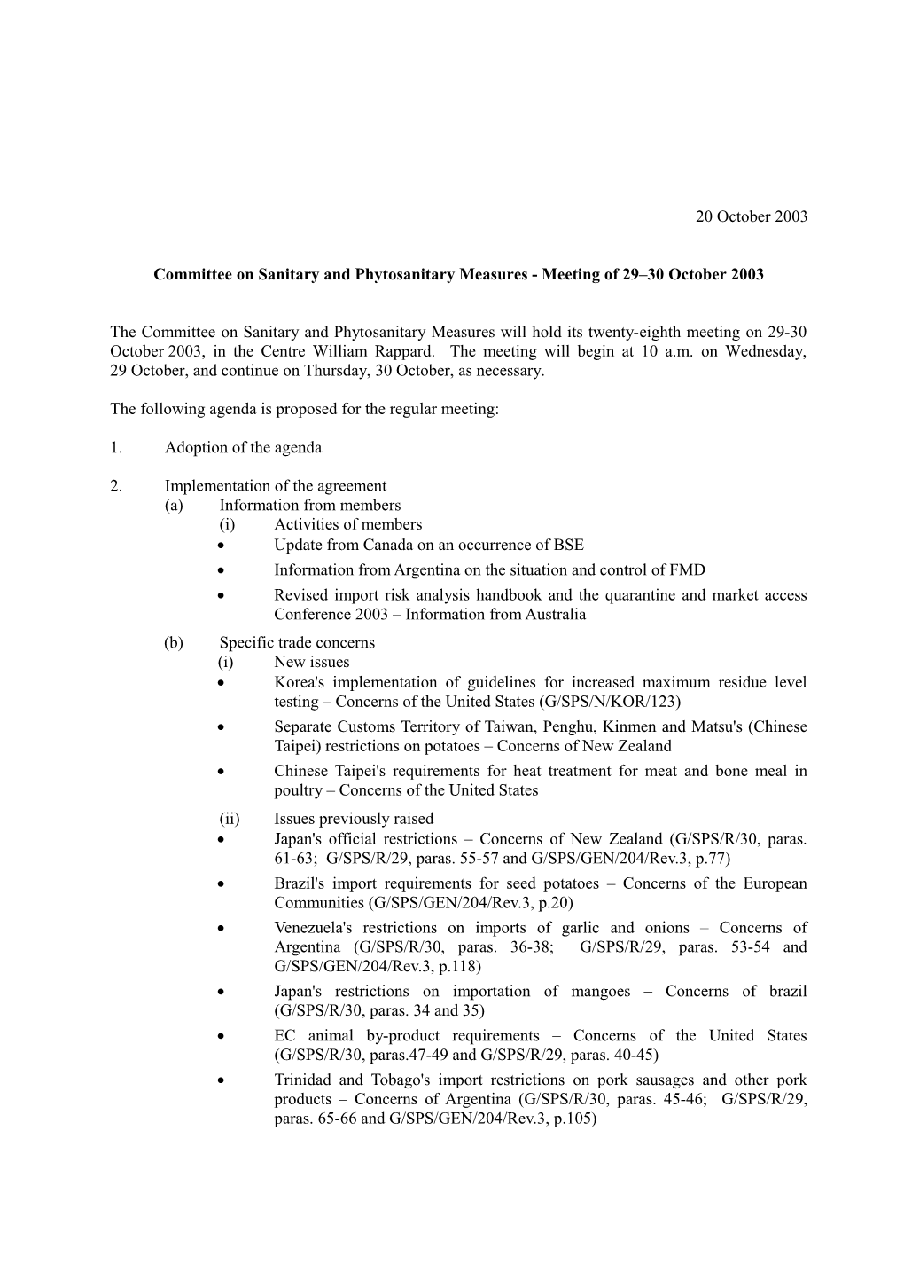 Committee on Sanitary and Phytosanitary Measures - Meeting of 29 30 October 2003