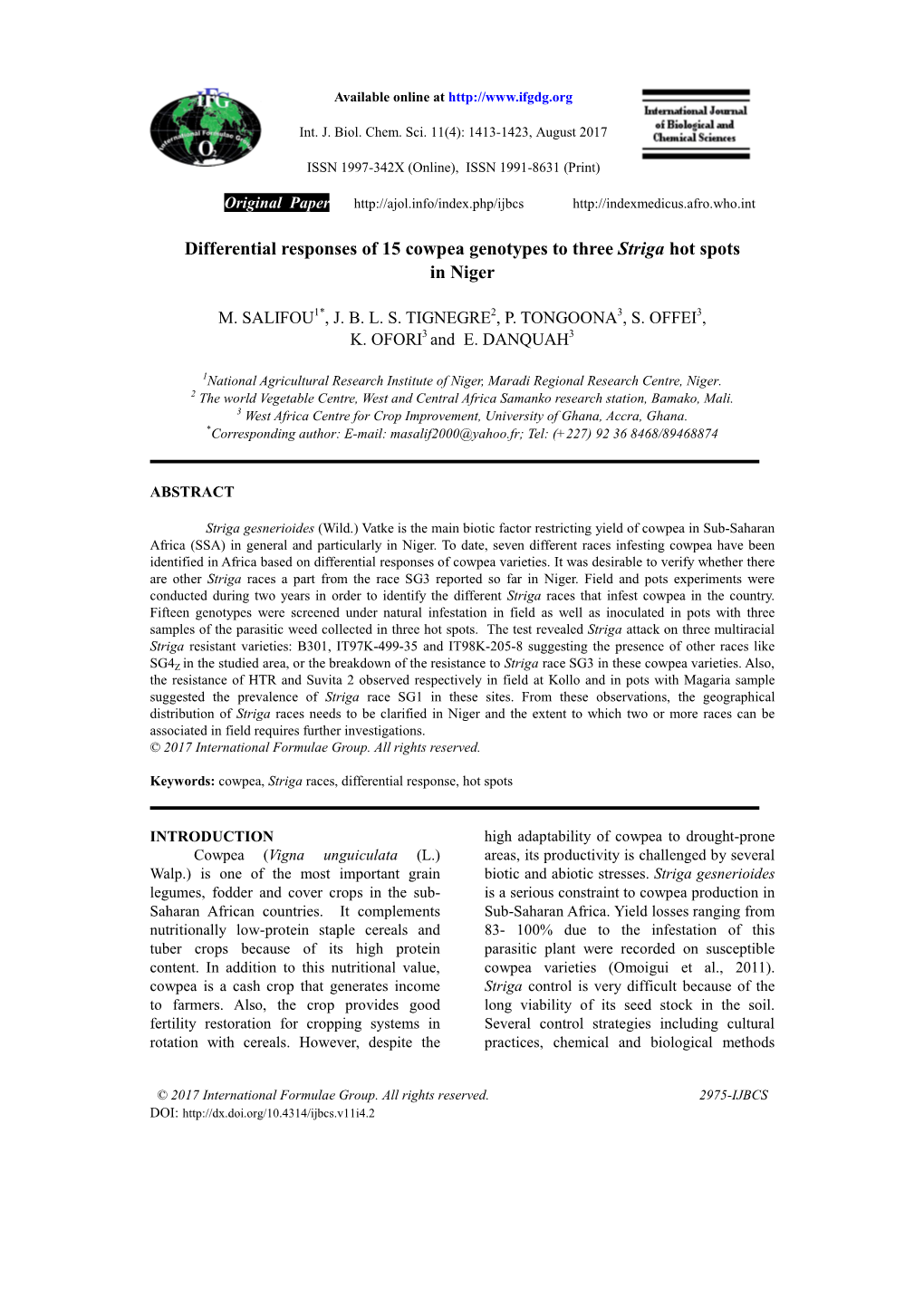 Differential Responses of 15 Cowpea Genotypes to Three Striga Hot Spots in Niger