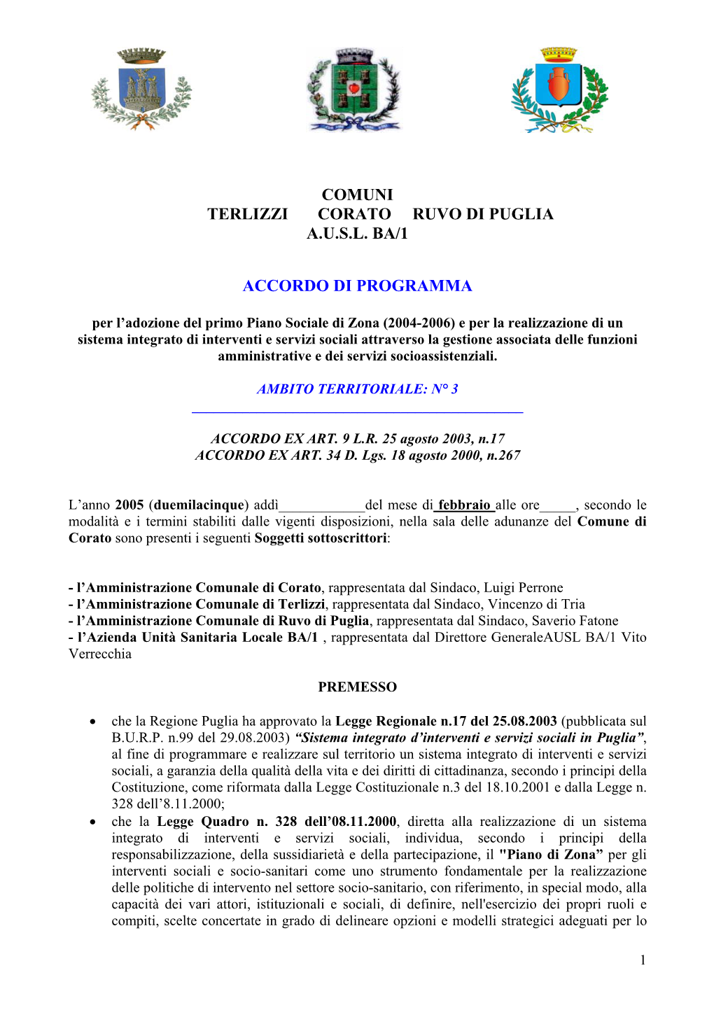 Comuni Terlizzi Corato Ruvo Di Puglia A.U.S.L. Ba/1