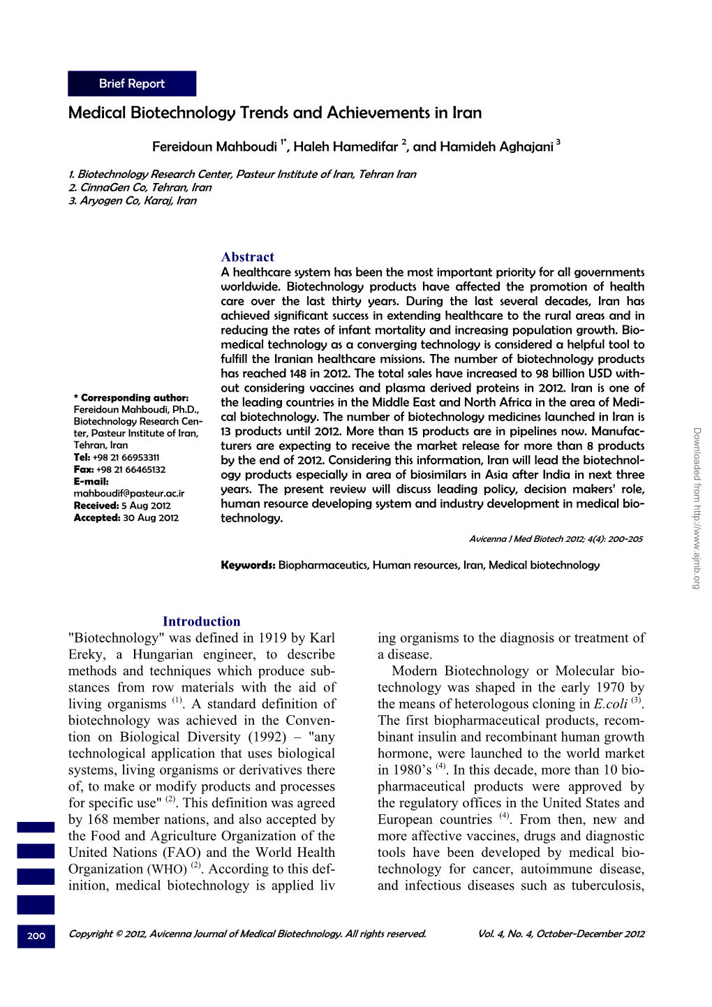 Medical Biotechnology Trends and Achievements in Iran