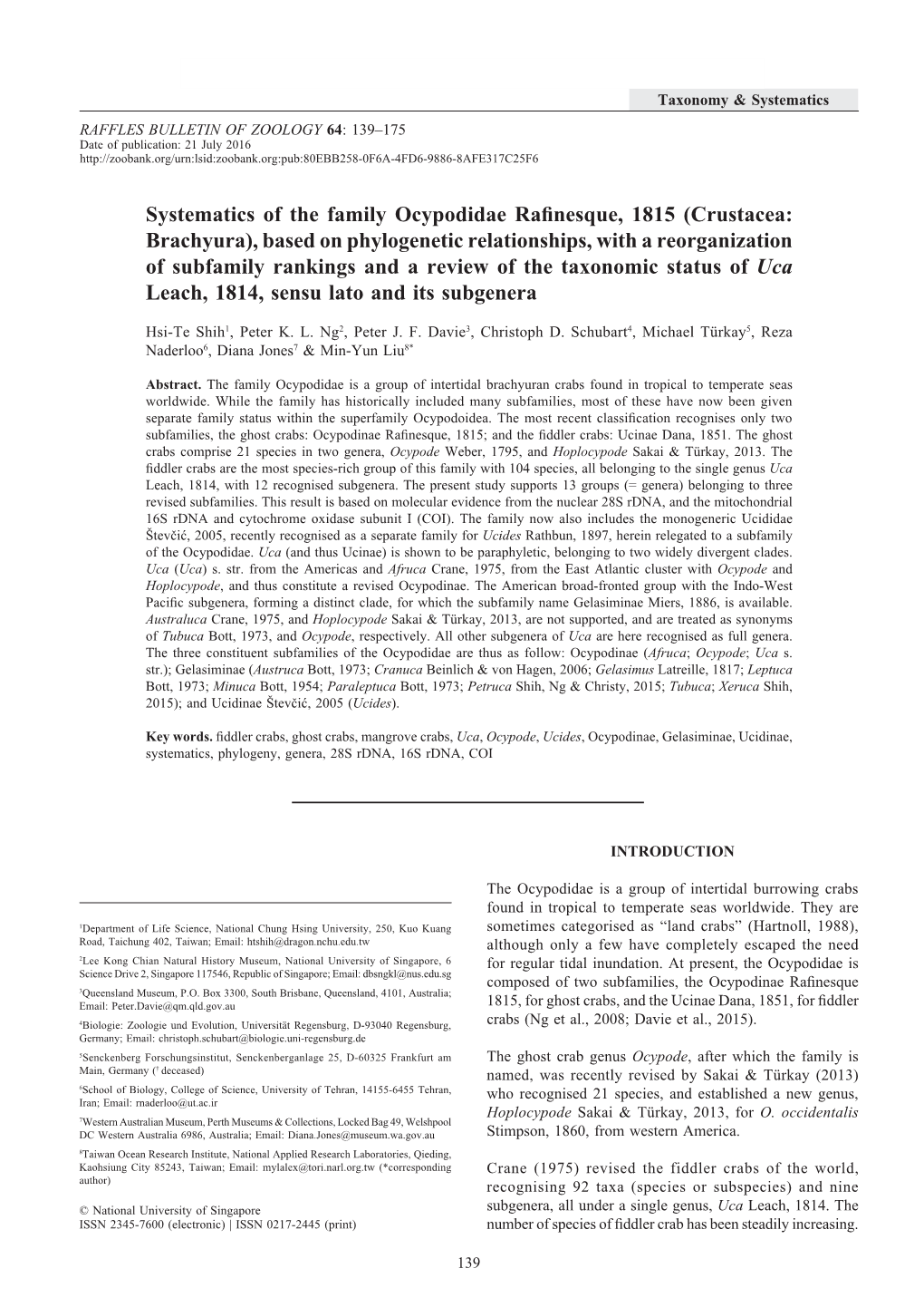 Systematics of the Family Ocypodidae Rafinesque, 1815 (Crustacea: Brachyura), Based on Phylogenetic Relationships, with a Reorga