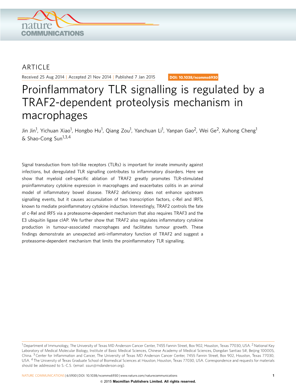 Proinflammatory TLR Signalling Is Regulated by a TRAF2-Dependent