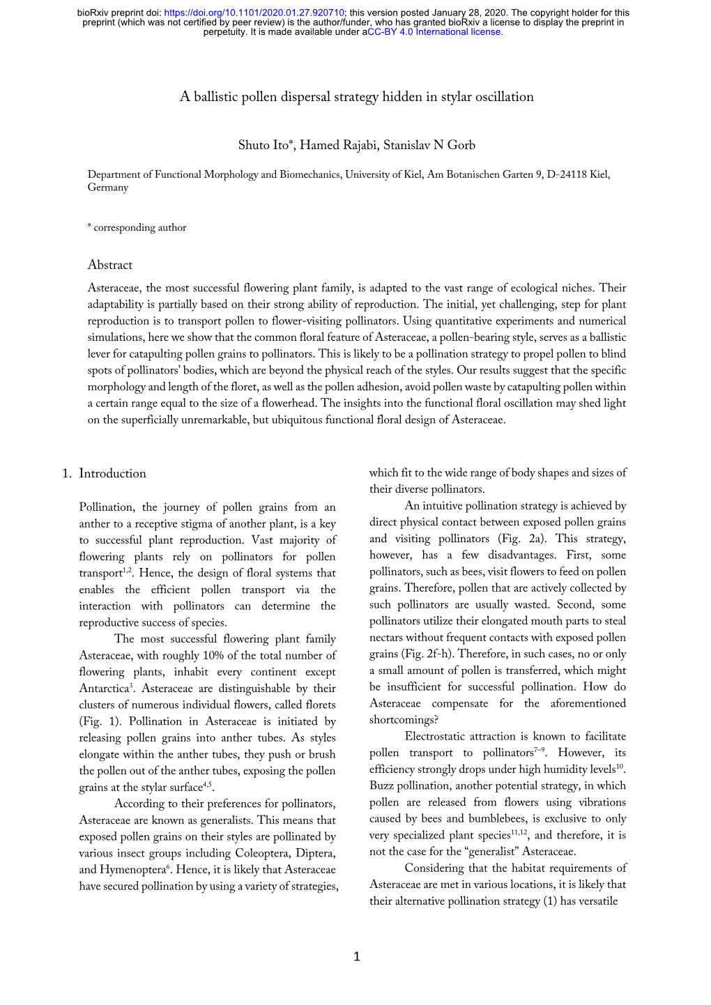 A Ballistic Pollen Dispersal Strategy Hidden in Stylar Oscillation