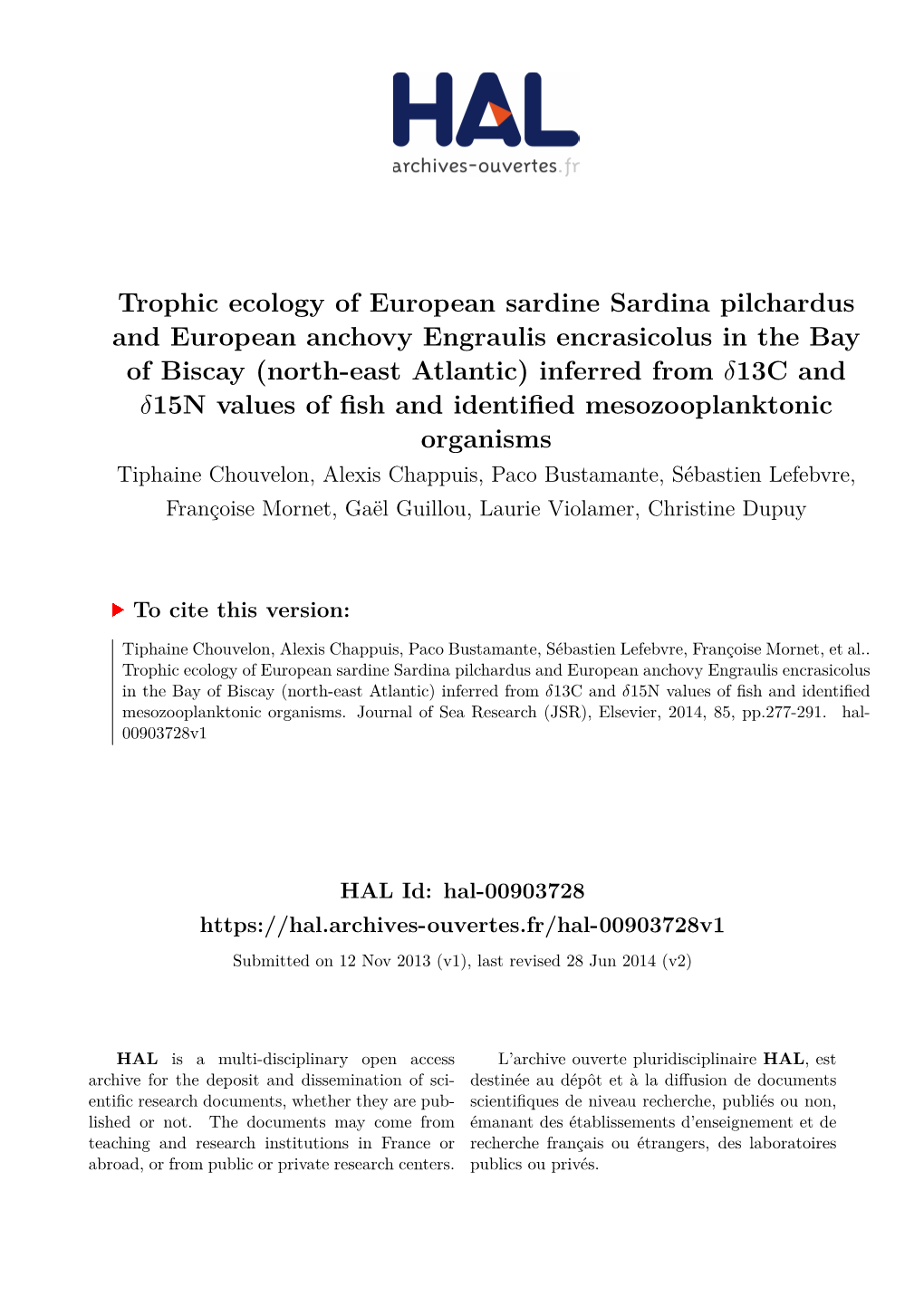 Trophic Ecology of European Sardine Sardina Pilchardus and European